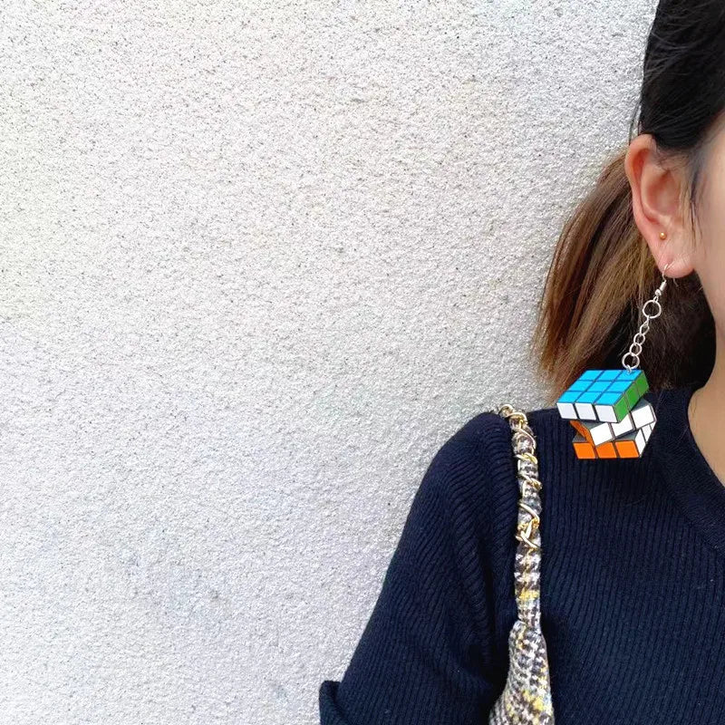 Donarsei Funny Resin 3D Magic Cube Drop Earrings For Women Colorful Geometric Speed Cube Dangle Earrings Novelty Jewelry