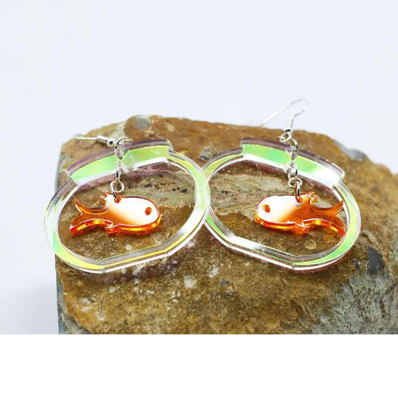 Donarsei Cute Transparent Goldfish Bowl Drop Earrings For Women Funny Animal Fish Acrylic Dangle Earrings Novelty Jewelry