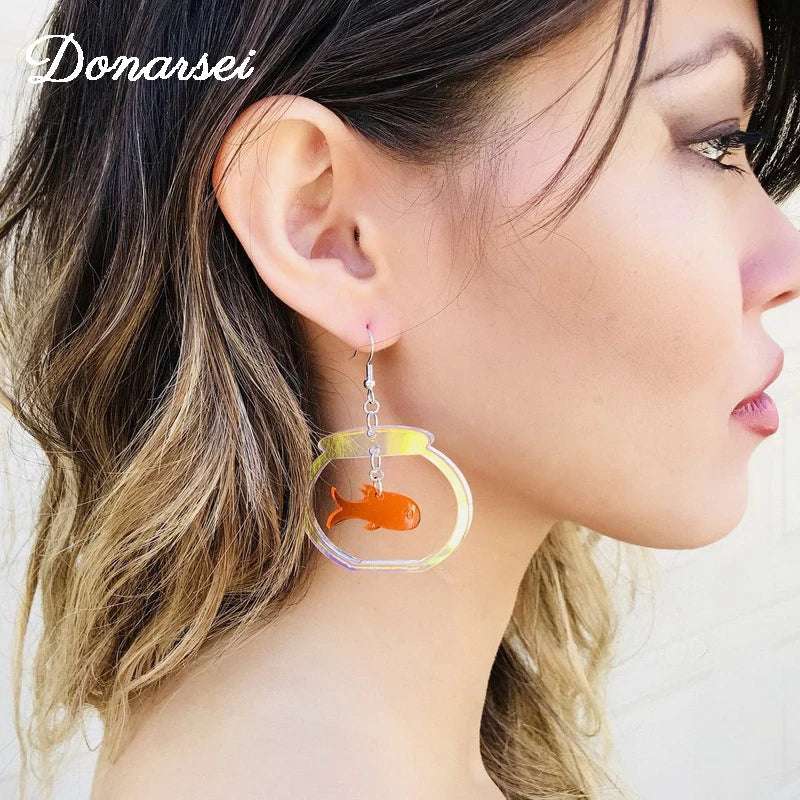 Donarsei Cute Transparent Goldfish Bowl Drop Earrings For Women Funny Animal Fish Acrylic Dangle Earrings Novelty Jewelry