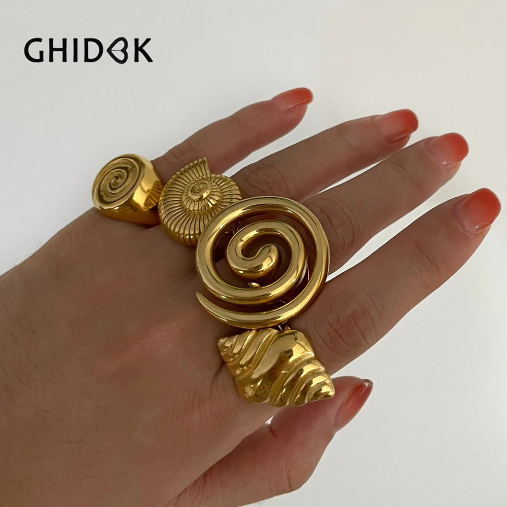 Conch Croissant Glossy Spiral Hollow Chunky Open Rings