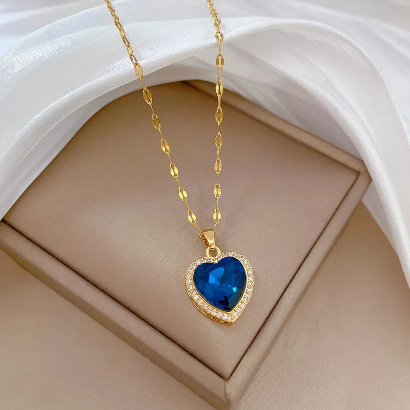 316L Stainless Steel Gold Plated Light Luxury Charm Blue Zirconia Heart Necklace For Women Girl Gorgeous Party Jewelry 2023