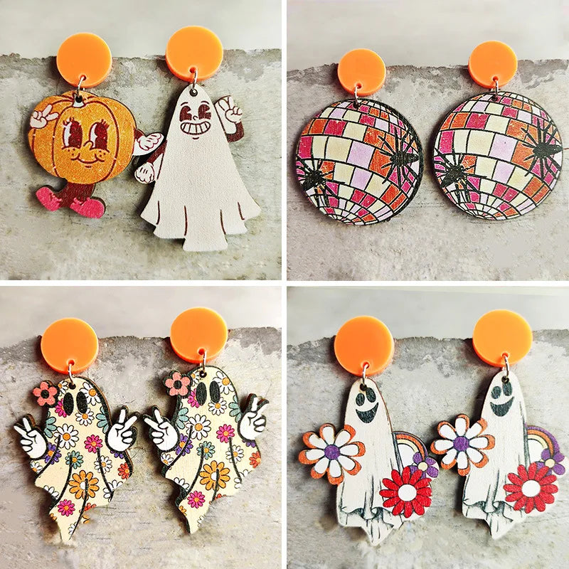 2022 Wholesale Retro Style Halloween Thanksgiving Wood Earrings Pumpkin Ghost Spider Colorful Flowers Cute Fun Women Earrings