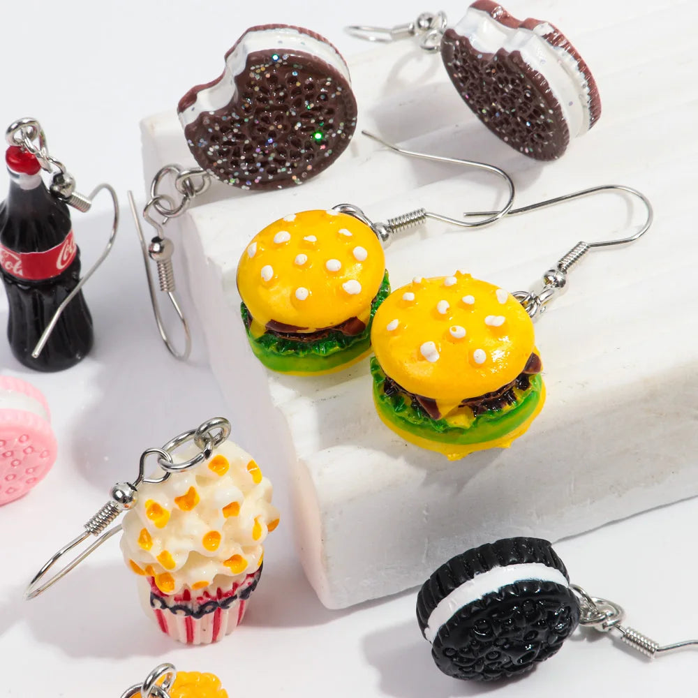 Cute Resin Simulation Mini Food Earrings for Women Girls Funny Chocolate French Fries Cookies Hamburg Drop Earring Party Jewelry