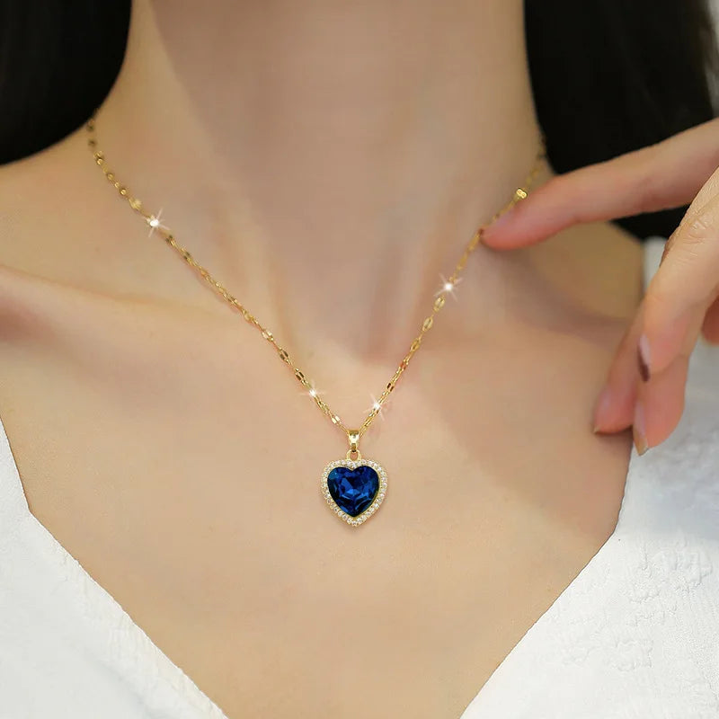 316L Stainless Steel Gold Plated Light Luxury Charm Blue Zirconia Heart Necklace For Women Girl Gorgeous Party Jewelry 2023