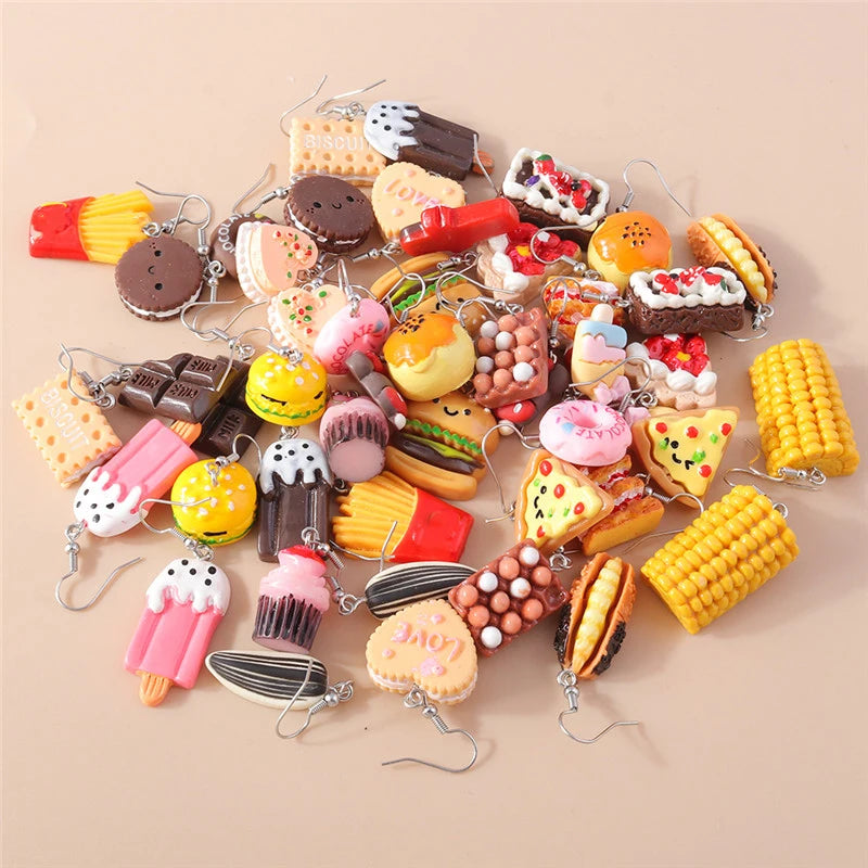 Aihua New In Women Earring Resin Funny Food Earrings French Fries Cookies Ice Cream Bread Hot Dog Pizza Chocolate Girl Kids Gift