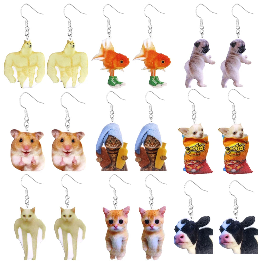 Animal earrings made of acrylic, cute and funny, cat, hamster, dog, cow