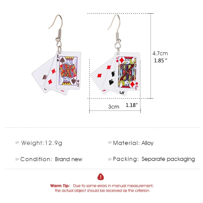 634C  Aces Playing Card Earrings Punk Poker Hand Game Casino Fun Costume Jewelry Game Cards Earrings for Women Girls