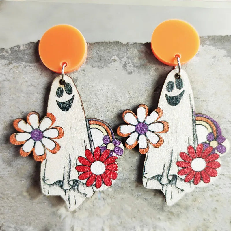 2022 Wholesale Retro Style Halloween Thanksgiving Wood Earrings Pumpkin Ghost Spider Colorful Flowers Cute Fun Women Earrings