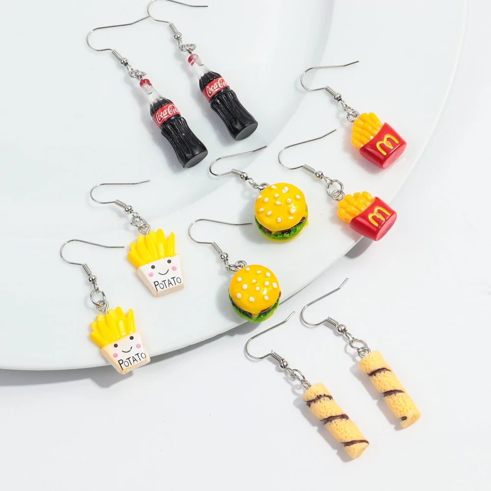 Cute Resin Simulation Mini Food Earrings for Women Girls Funny Chocolate French Fries Cookies Hamburg Drop Earring Party Jewelry