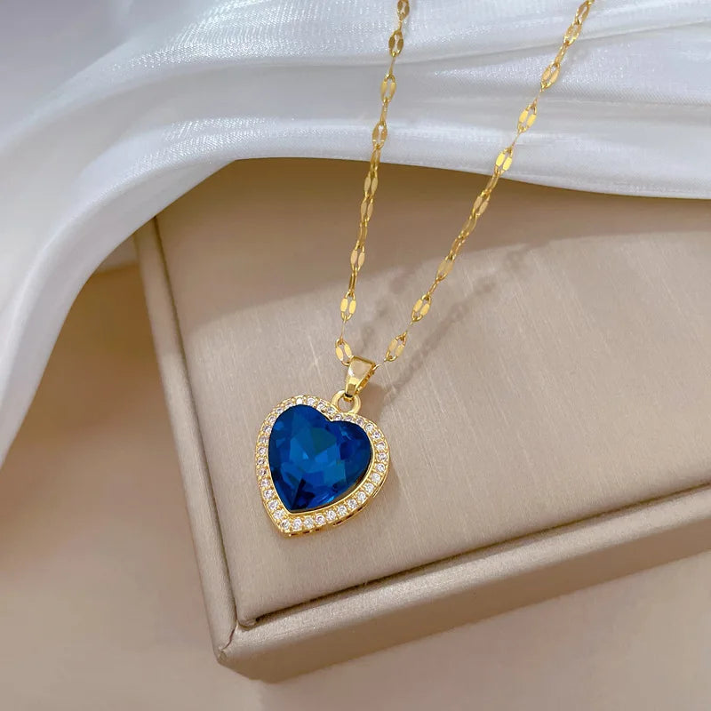 316L Stainless Steel Gold Plated Light Luxury Charm Blue Zirconia Heart Necklace For Women Girl Gorgeous Party Jewelry 2023