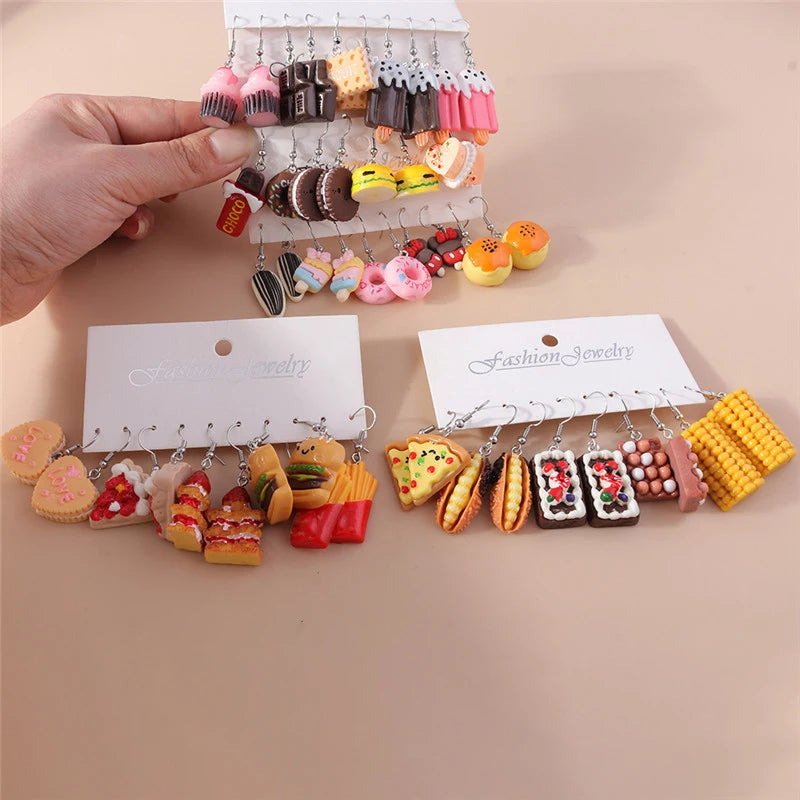 Aihua New In Women Earring Resin Funny Food Earrings French Fries Cookies Ice Cream Bread Hot Dog Pizza Chocolate Girl Kids Gift