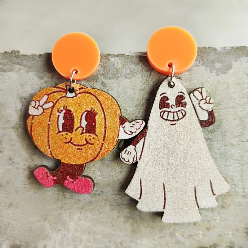 2022 Wholesale Retro Style Halloween Thanksgiving Wood Earrings Pumpkin Ghost Spider Colorful Flowers Cute Fun Women Earrings