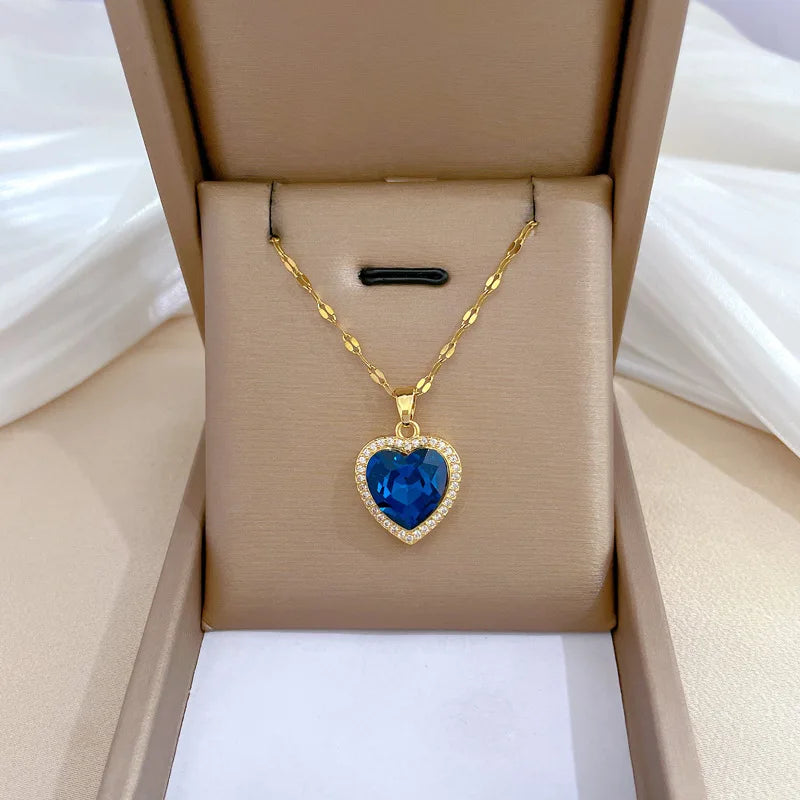 316L Stainless Steel Gold Plated Light Luxury Charm Blue Zirconia Heart Necklace For Women Girl Gorgeous Party Jewelry 2023