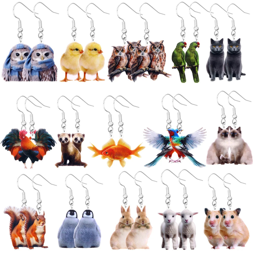 Animal earrings made of acrylic, cute and funny Hummingbird, goldfish, squirrel, parrot, owl, rooster, frog