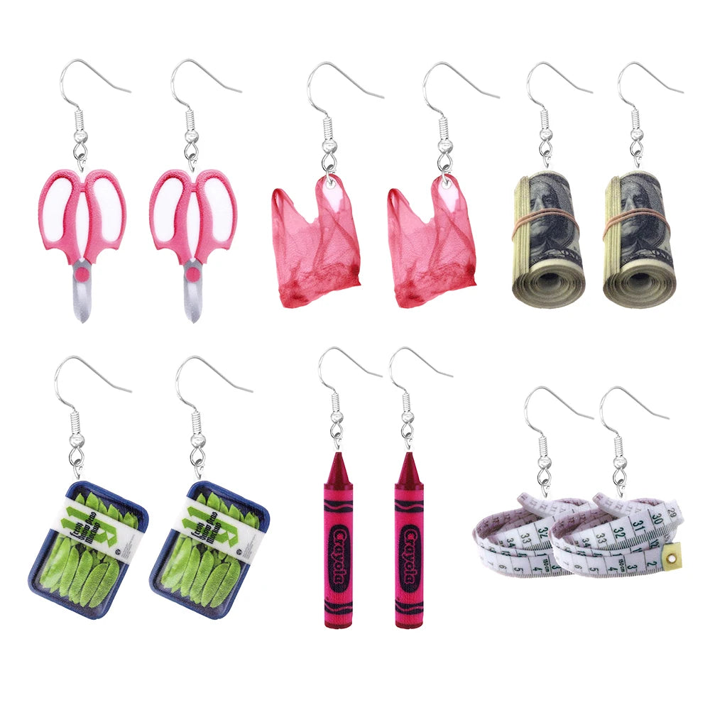 Acrylic funny earrings, fun scissors, hip-hop brushes, soft ruler bags, cute