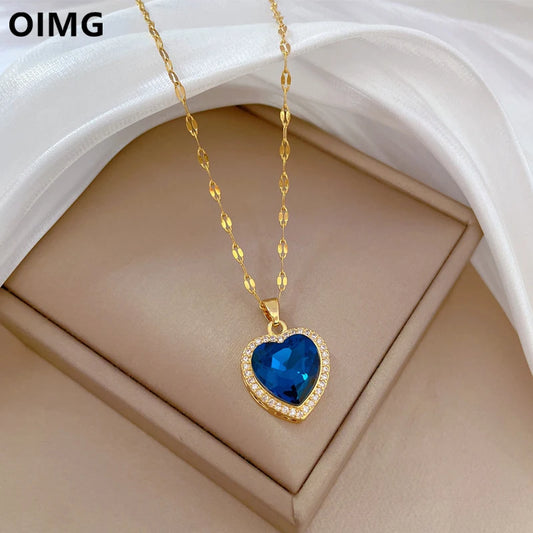 316L Stainless Steel Gold Plated Light Luxury Charm Blue Zirconia Heart Necklace For Women Girl Gorgeous Party Jewelry 2023