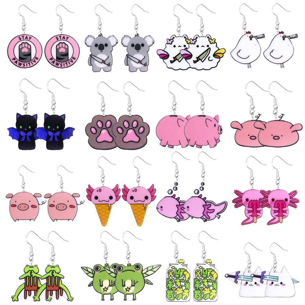 Cartoon Animal Earrings Acrylic Cute and Funny Frog Salamander Cat Koala