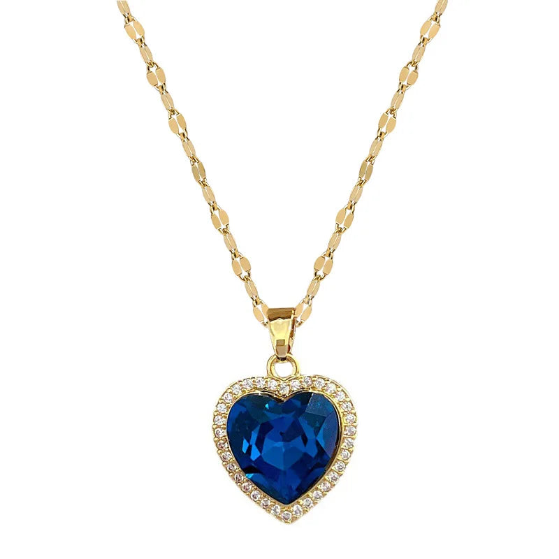 316L Stainless Steel Gold Plated Light Luxury Charm Blue Zirconia Heart Necklace For Women Girl Gorgeous Party Jewelry 2023